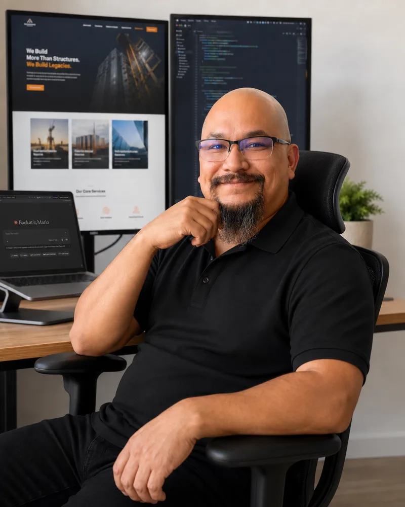 Mario Garza at his desk building a construction company website